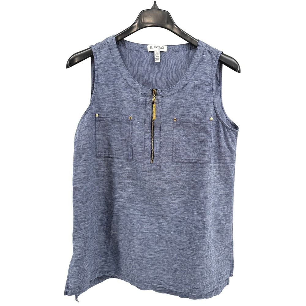 ELLEN TRACY Womens XL Pre-Owned Linen Blend Sleeveless Zip Front Shirt Top Blue